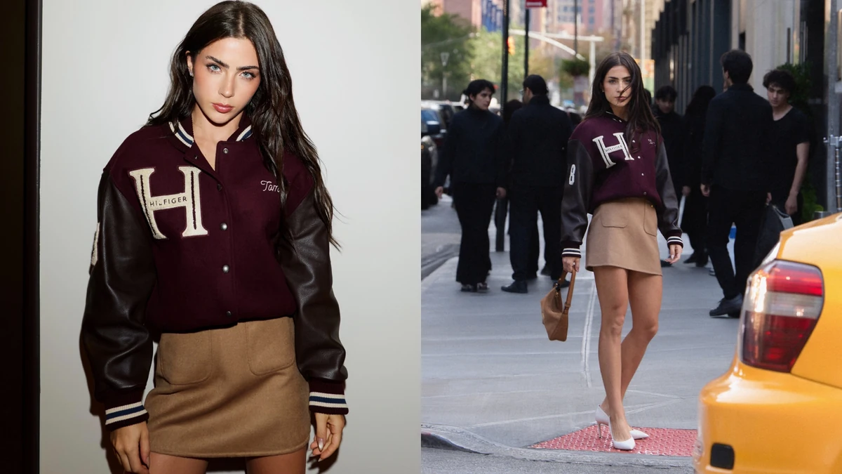 Jade Picon usa jaqueta varsity burgundy e minissaia em Nova York
